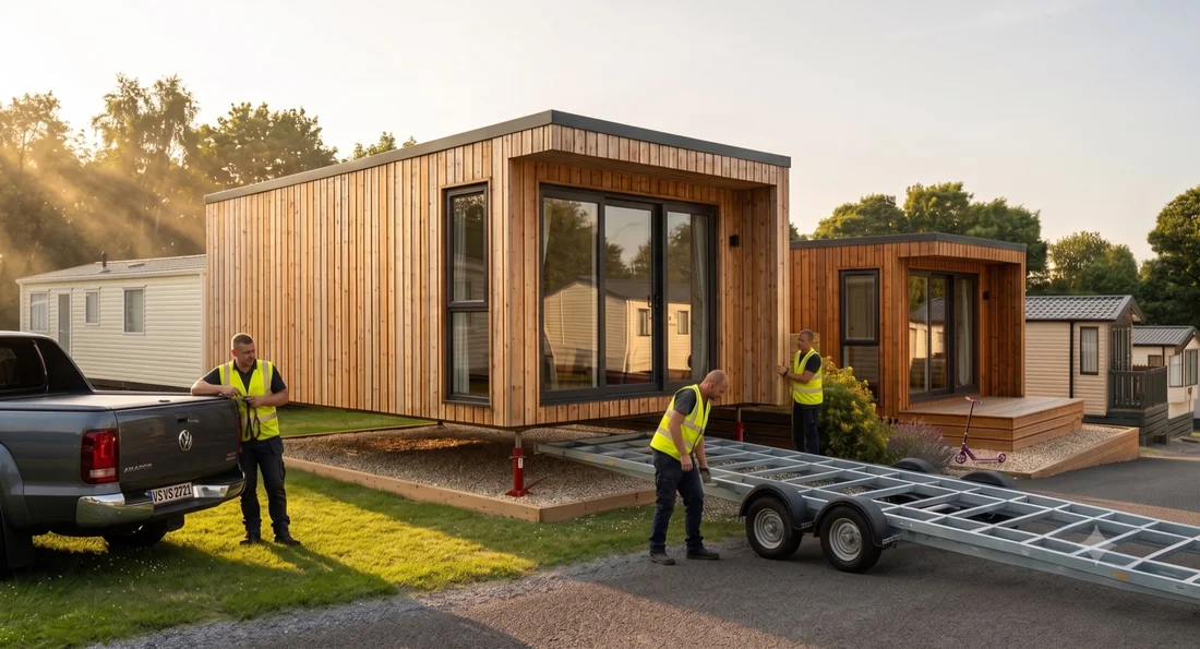 Modul-Tausch im laufenden Park: neues Modul auf Spindeln, Trailer herausgezogen